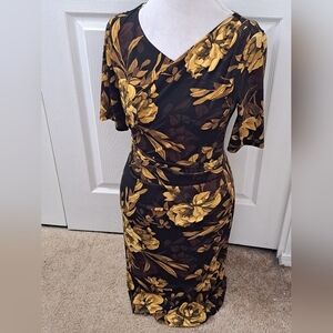 NWT Floral Faux Wrap Black & Gold Dress    Size 4